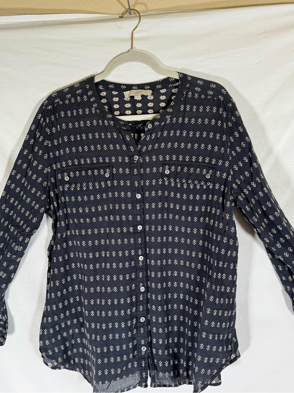 LOFT Navy Button-Down Shirt with cream  Print